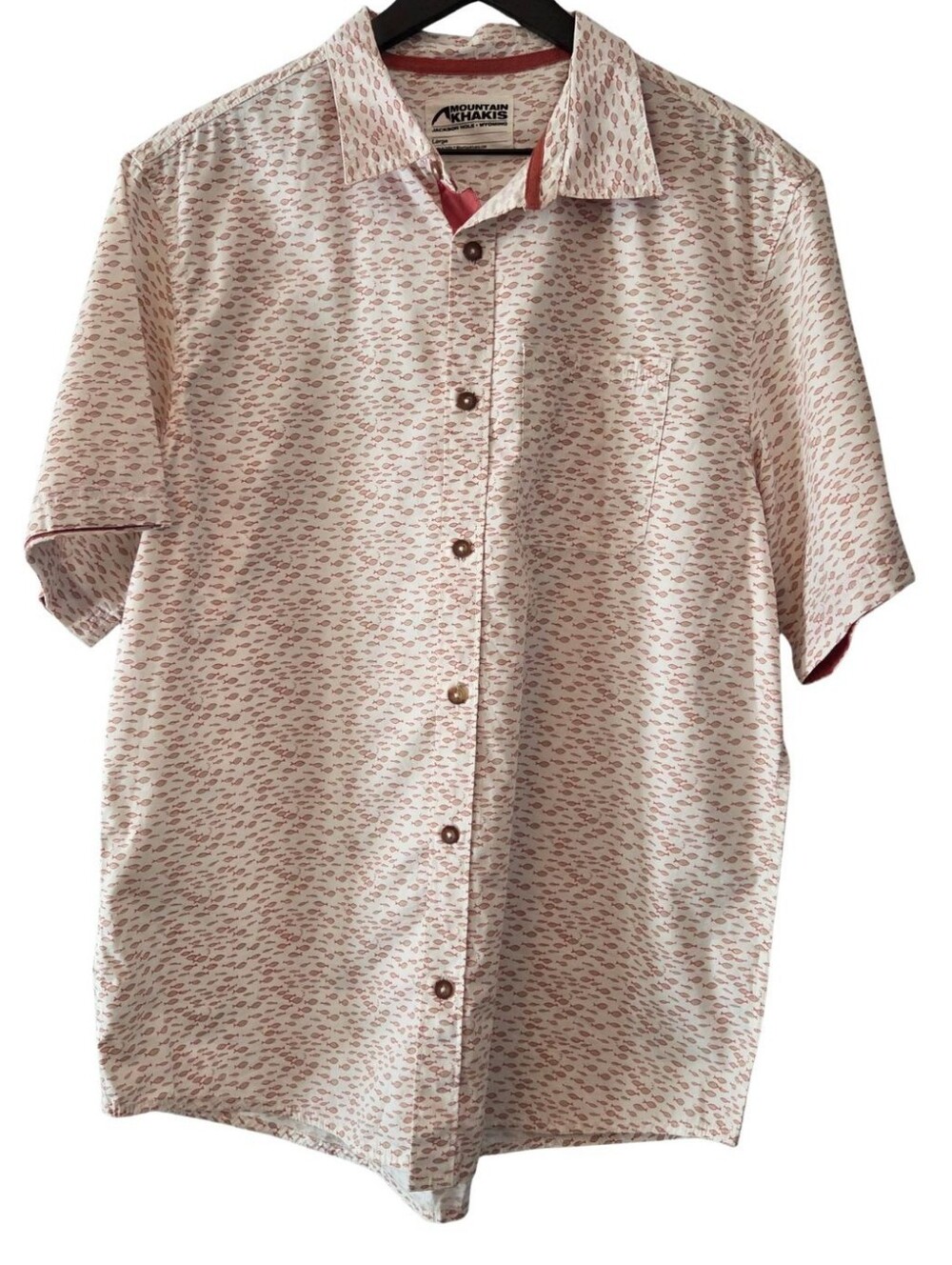 Mountain Khakis Men's Short-Sleeve White Shirt With Red & Tan Fish Size L